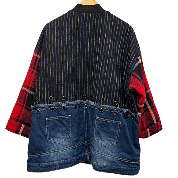 Women’s Oversized Mixed Plaid Denim Jacket, Pockets, OS - Picture 9 of 11